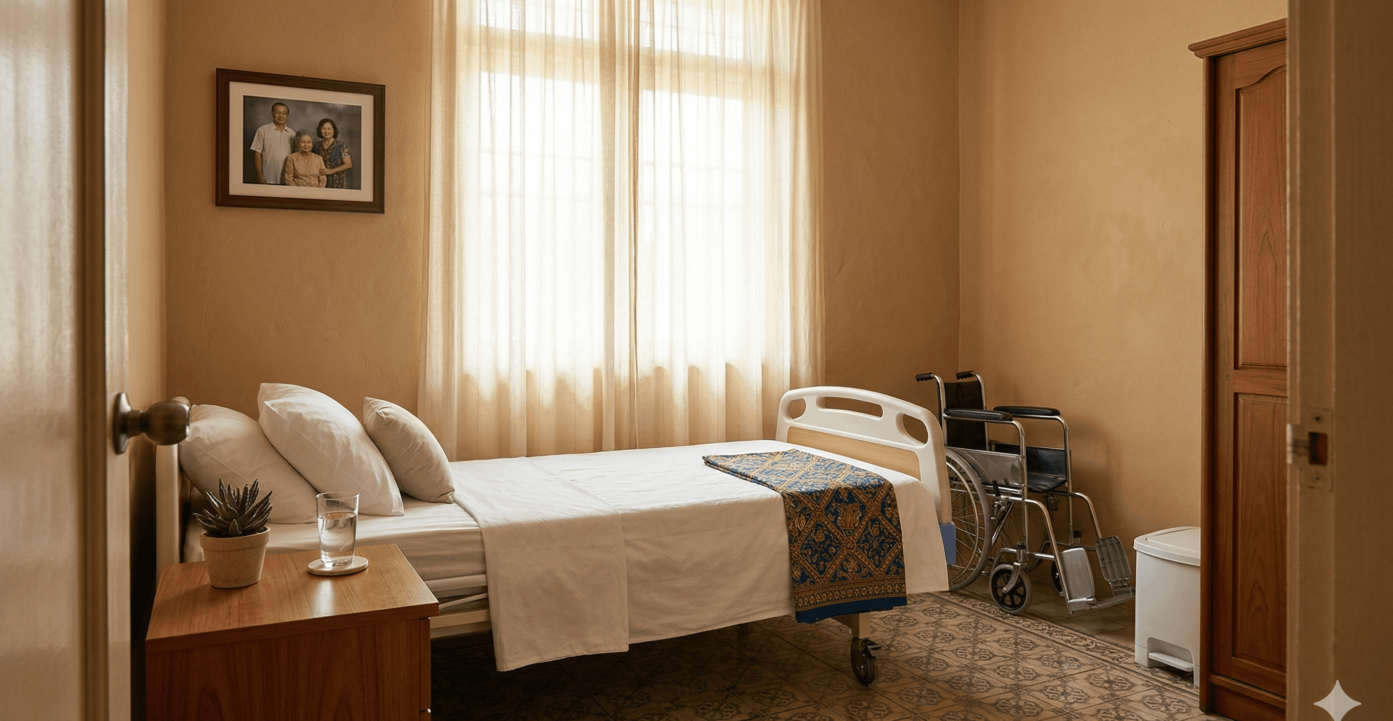 Bedroom with hospital bed and wheelchair